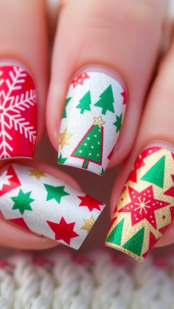 Modern Christmas nail art with red, green, and gold designs featuring snowflakes and geometric patterns.